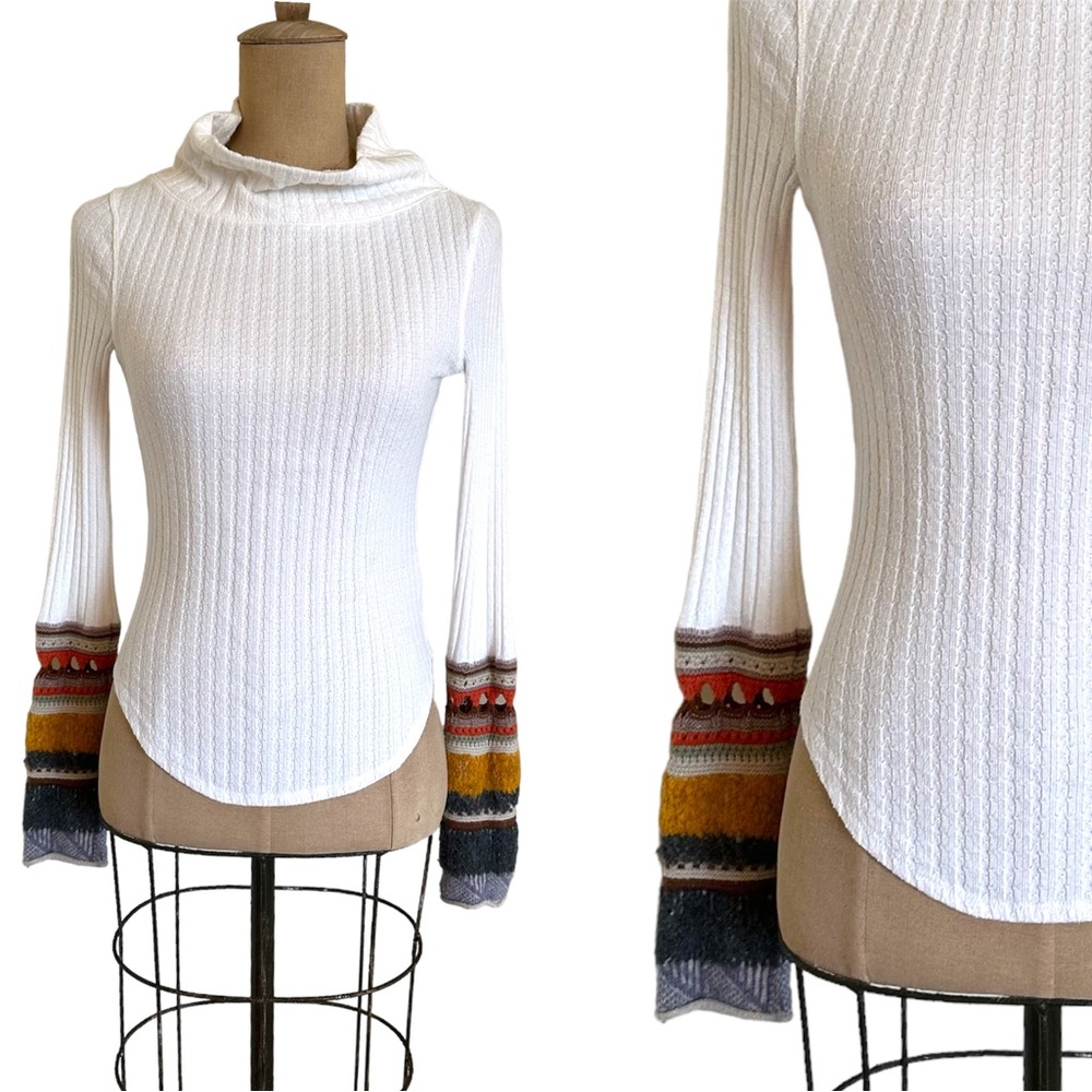 Free People XS White Mixed Up Cuff Thermal Ribbed Long Sleeve